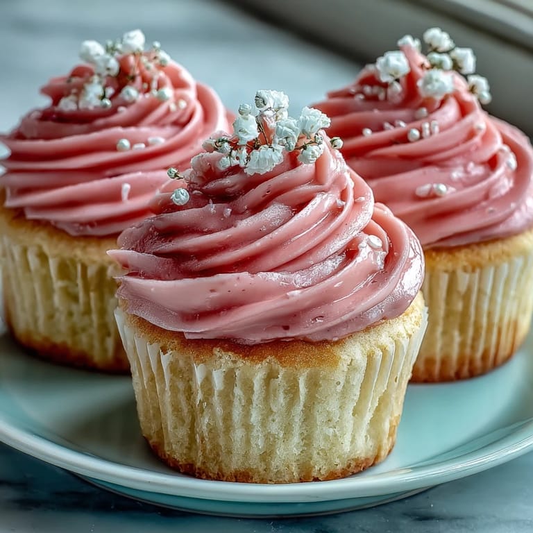 Elegant vanilla cupcakes adorned with smooth pink frosting, decorated with edible pearls, perfect for bridal shower dessert tables.