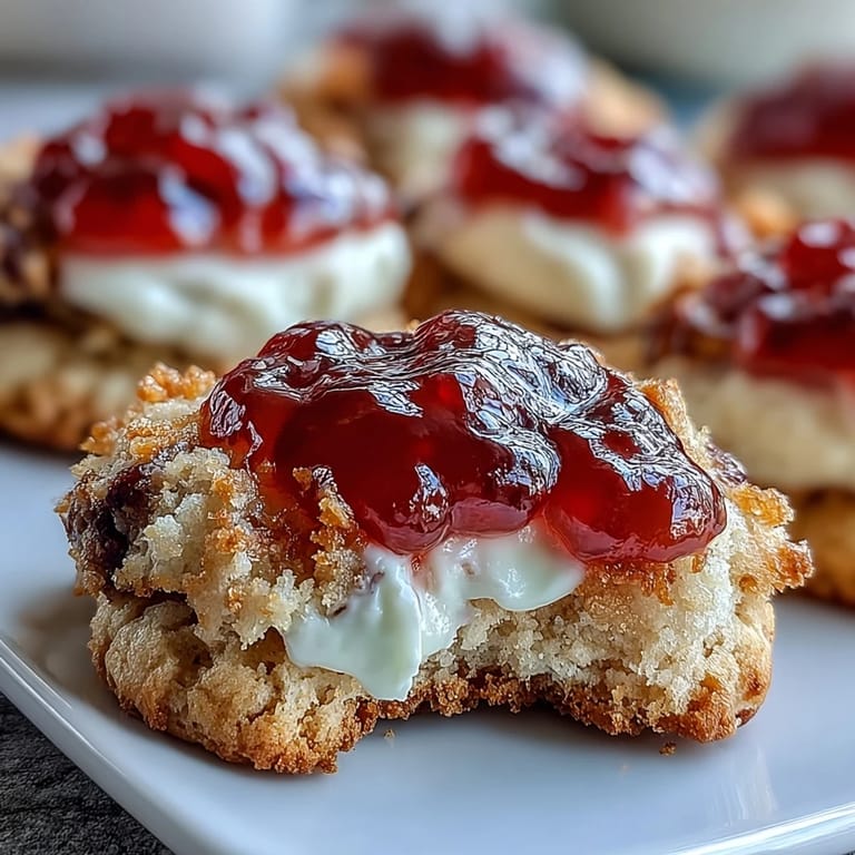 Delicate clotted cream cookies with ruby-red strawberry jam middles, offering a rich, tender bite with fruity sweetness.