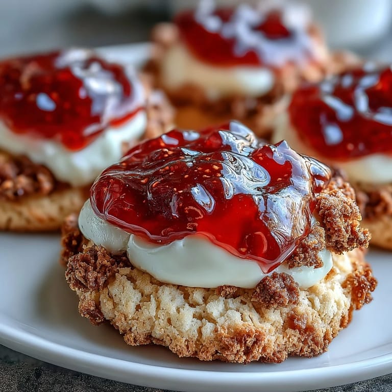 Soft, melt-in-your-mouth sugar cookies enriched with clotted cream and topped with a glossy strawberry jam center.
