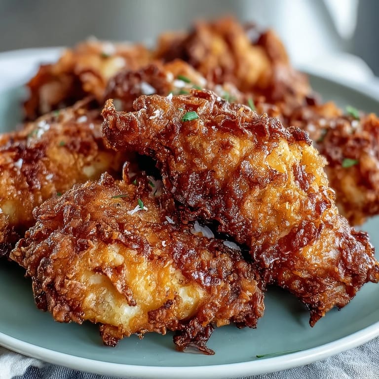 A plate of juicy, golden fried chicken served alongside warm honey butter biscuits, perfect for a comforting Southern feast.