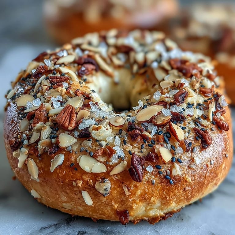 Freshly baked Greek yogurt bagels with everything seasoning, golden brown and aromatic, ideal for a healthy and satisfying morning meal.