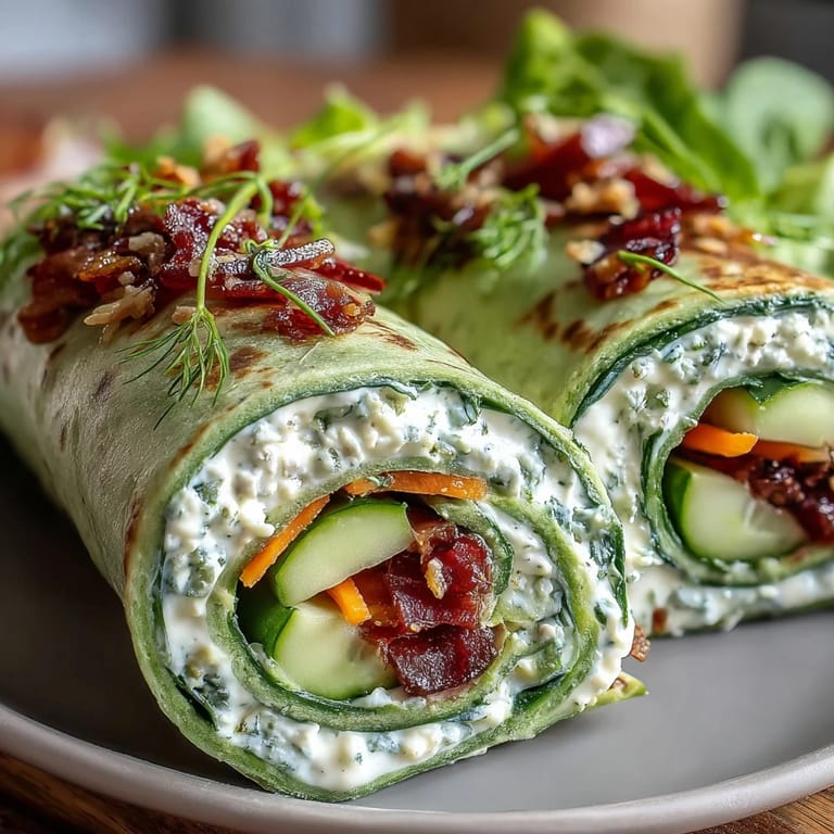 Creamy herb cheese and crisp vegetables rolled in spinach tortillas, sliced into colorful pinwheels for a refreshing snack.