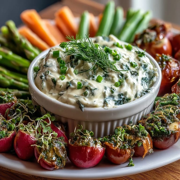 Vibrant seasonal vegetables paired with a tangy herb dip on a rustic wooden board.
