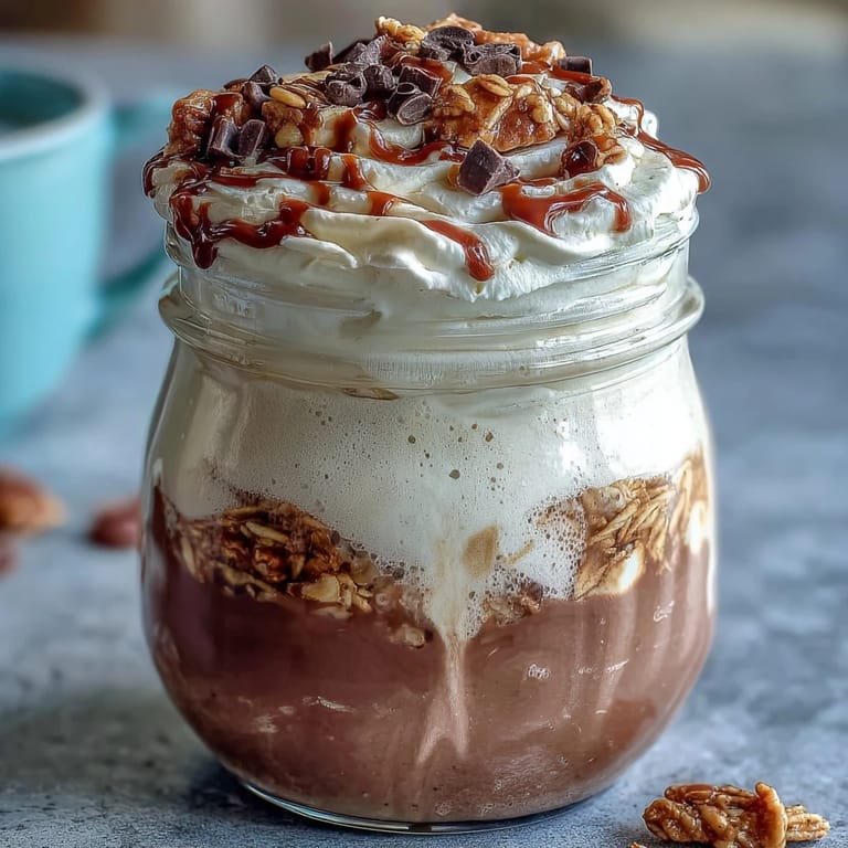 Creamy vanilla bean and espresso overnight oats in a jar, drizzled with sweetened coffee and finished with whipped cream.