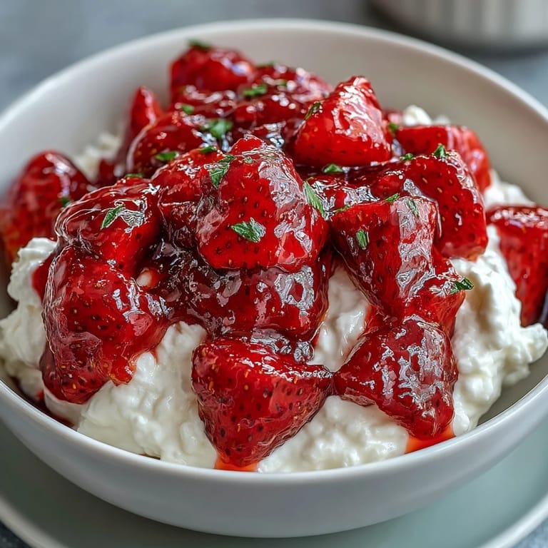 Chilled strawberry compote spooned over thick Greek yogurt, creating a vibrant and refreshing breakfast or dessert.