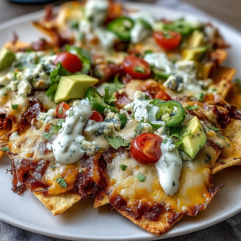 Gooey cheese sauce cascades over golden tortilla chips, topped with jalapeños, tomatoes, and cilantro for the ultimate game day snack.