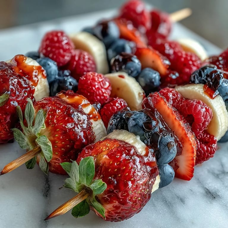 Colorful red white blue fruit skewers featuring strawberries, banana slices, and blueberries arranged in a patriotic pattern for summer celebrations.
