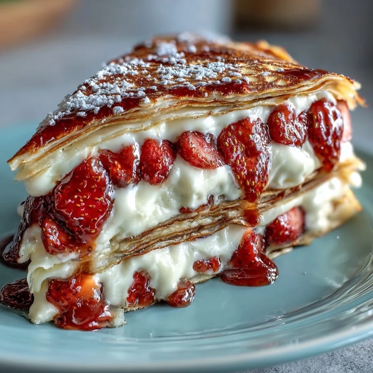 Elegant layers of soft crepes, vanilla mascarpone cream, and juicy strawberries create a showstopping strawberry crepe cake centerpiece.