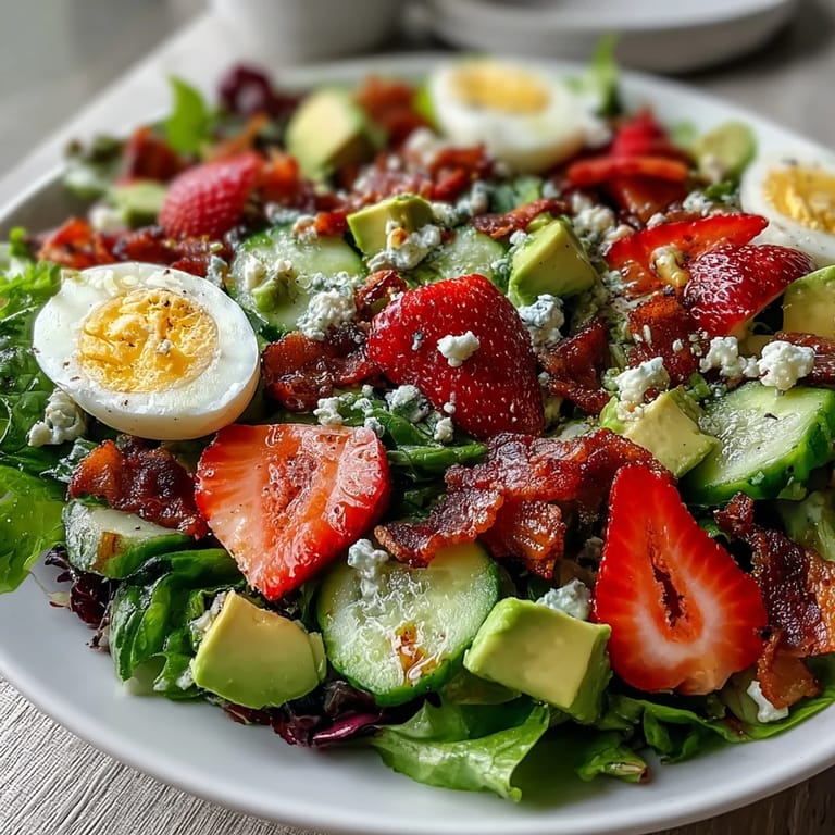 Bright and vibrant Spring Cobb Salad with Strawberries and Avocado, featuring rows of fresh produce, hard-boiled eggs, and a drizzle of balsamic dressing.