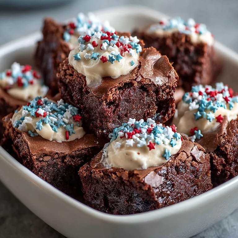 Rich chocolate brownie bites decorated with red, white, and blue sprinkles, crowned with silky cream cheese frosting for a sweet holiday treat.