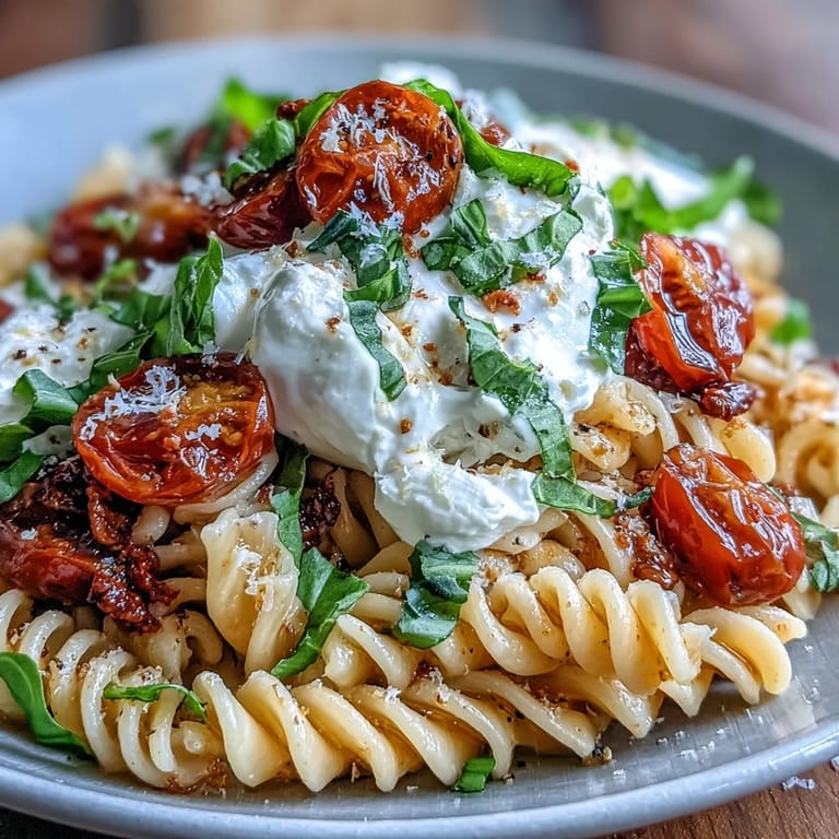 Burrata-topped Caprese pasta with bursting tomatoes and fragrant basil, perfect for a light summer dinner.