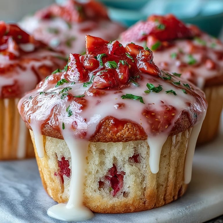 Golden muffins bursting with fresh strawberries and zesty lemon flavor, finished with a glossy lemon glaze—perfect for a sunny breakfast or snack.