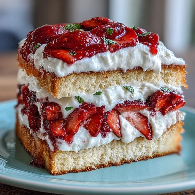 Layered vanilla sponge cake topped with fresh strawberries and luscious whipped cream, ideal for elegant gatherings.
