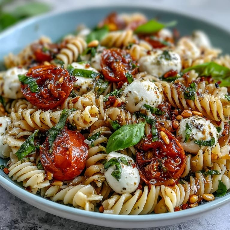 Vibrant Caprese-style pasta salad with juicy tomatoes, creamy mozzarella, and fresh basil, perfect for warm weather gatherings.