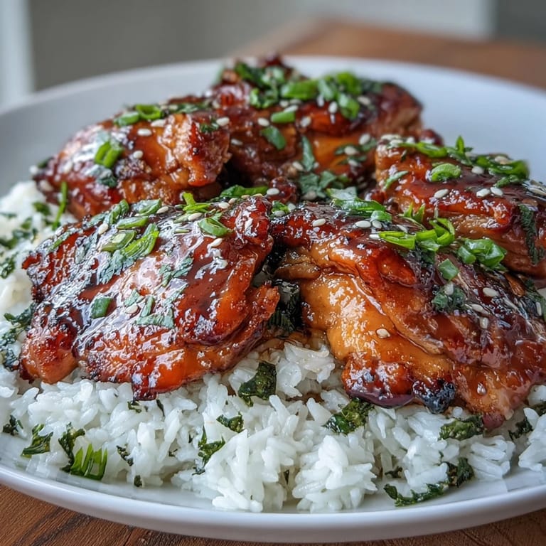 Juicy chicken thighs cooked in honey garlic sauce, served with steamed rice and garnished with green onions and sesame seeds.