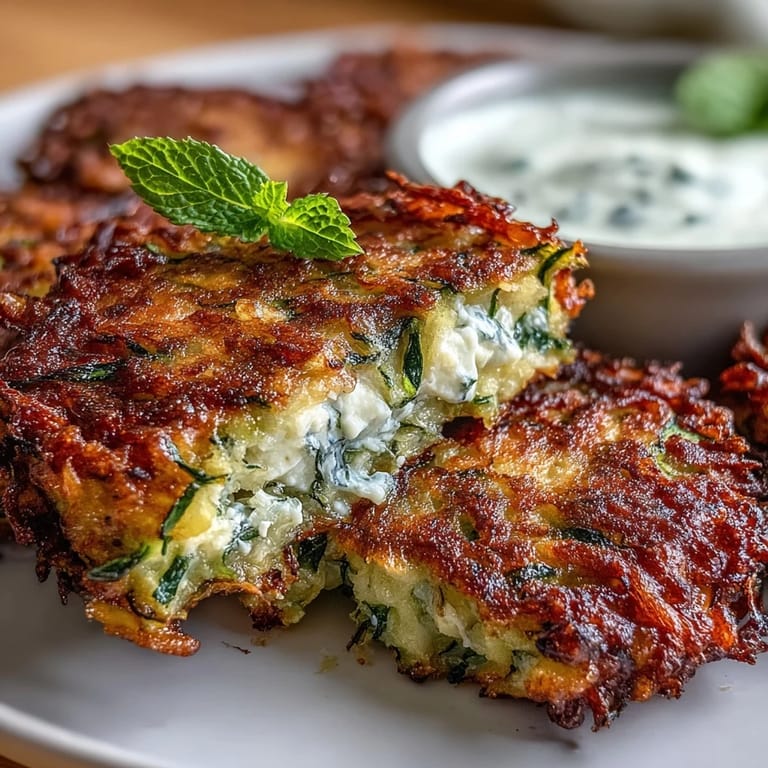 Delicious zucchini fritters, perfectly browned, alongside a refreshing sauce.