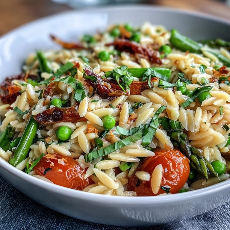 Fresh Spring Orzo Primavera, a light vegetarian pasta bursting with seasonal greens.