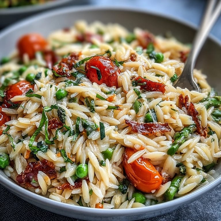 Delicious Spring Orzo Primavera, a creamy, easy weeknight meal topped with basil.