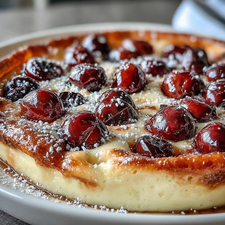 Rustic French Fresh Cherry Clafoutis with tender cherries and a delicate vanilla batter.