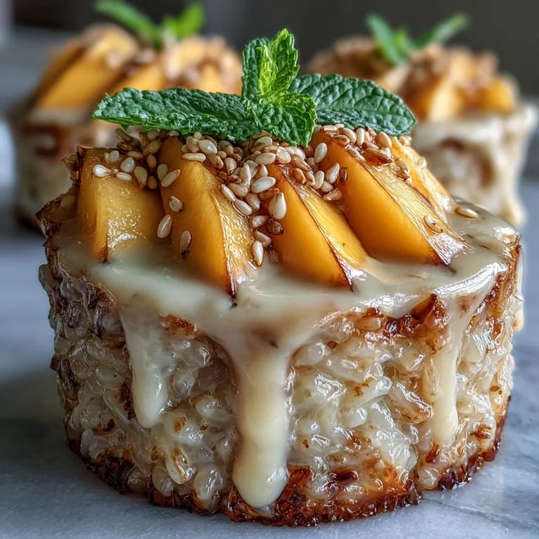 Thai-inspired dessert featuring sweet mango and sticky rice in cups, drizzled with rich coconut milk sauce and fresh mint.