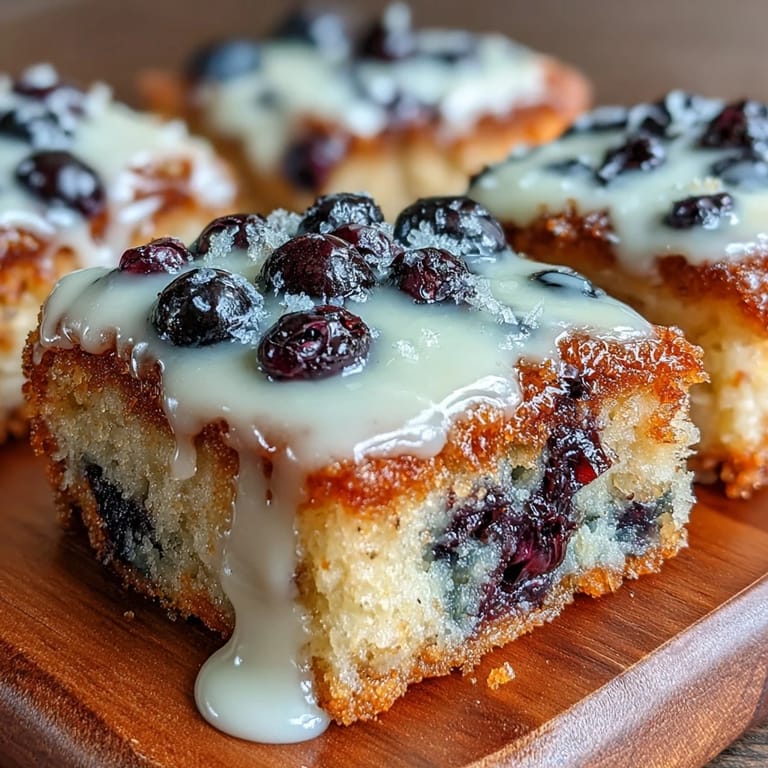 Golden-baked blondies loaded with creamy white chocolate chips and fresh blueberries.  