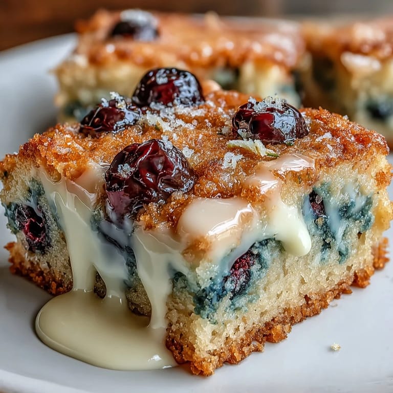 Lemon-scented blondies with white chocolate and blueberries, perfect for spring dessert tables.