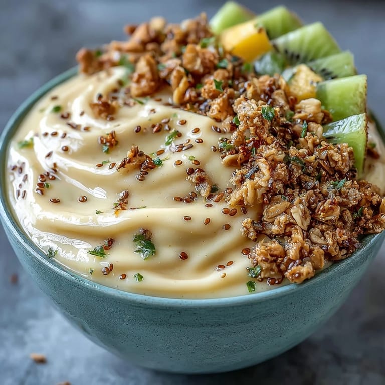 Creamy mango smoothie infused with lime and chili, garnished with colorful fruit slices and crunchy granola in a breakfast bowl.