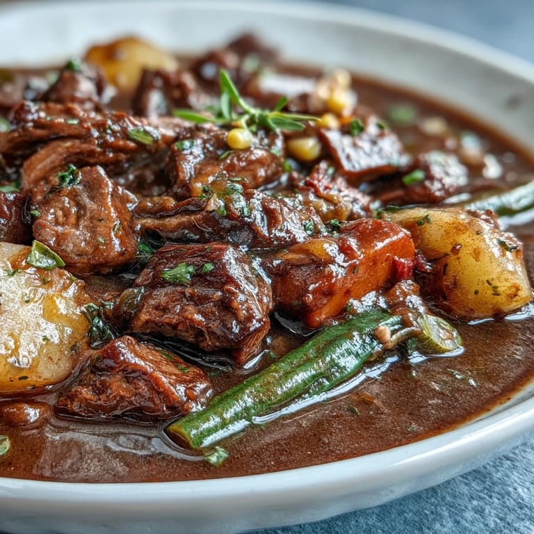 Hearty Kentucky Derby Burgoo Stew with slow-simmered beef, pork, chicken, and garden vegetables in a savory broth.