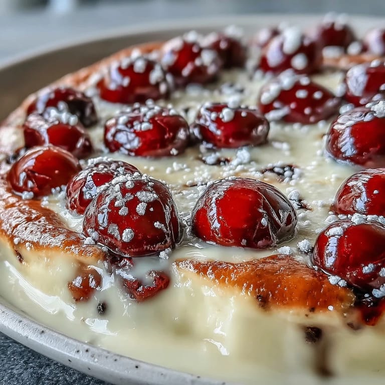 Warm Fresh Cherry Clafoutis dusted with powdered sugar, a perfect summer dessert.