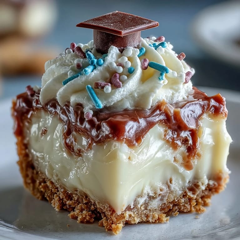 Easy graduation dessert featuring bite-sized cheesecakes topped with whipped cream and festive sprinkles.