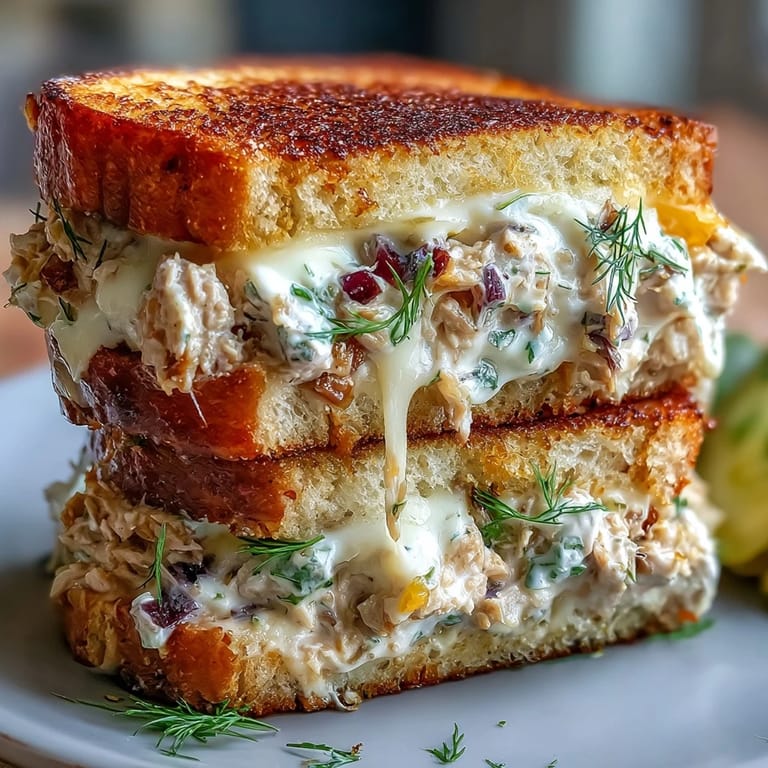 Hearty, toasted tuna melt sandwich oozing with melted cheese and savory filling.