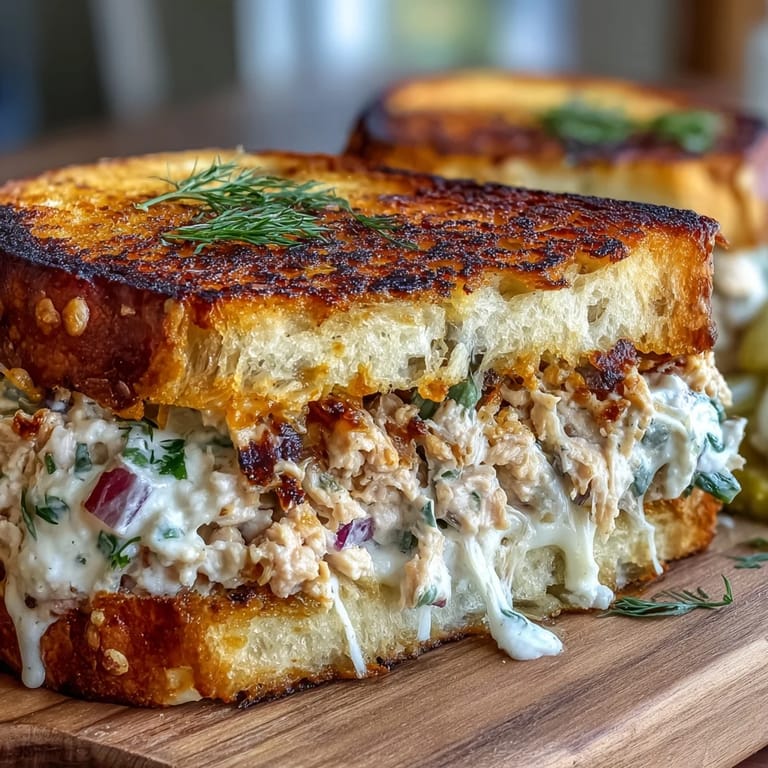 Cheesy, buttery tuna melt, grilled to perfection, a comforting lunch classic.