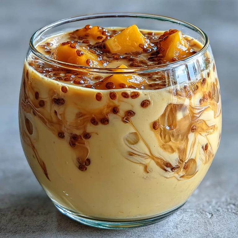 Tropical mango coconut chia smoothie blended with creamy coconut milk and nutrient-packed chia seeds.