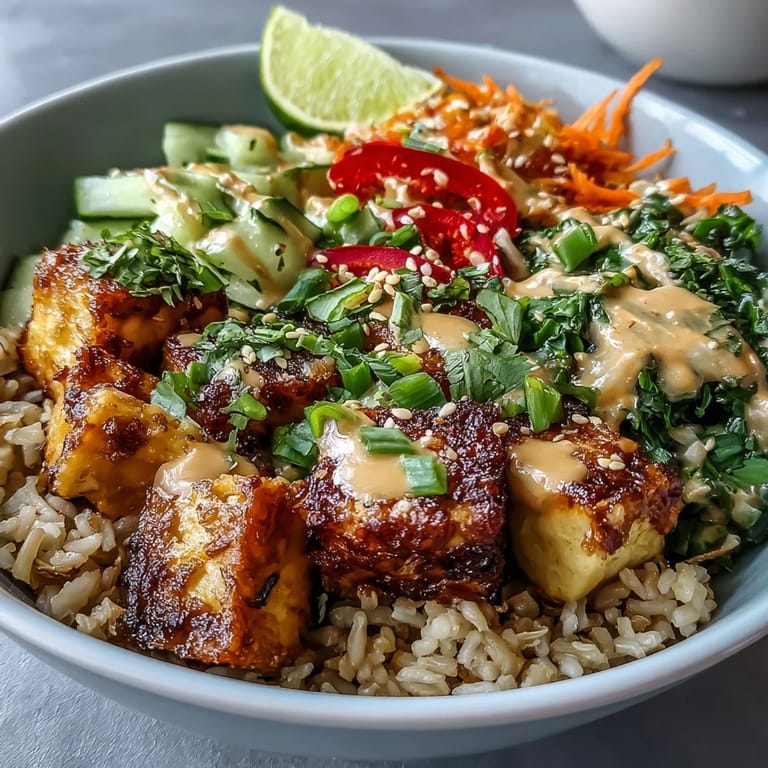 Crispy oven-baked tofu over brown rice, a delicious vegan meal option.