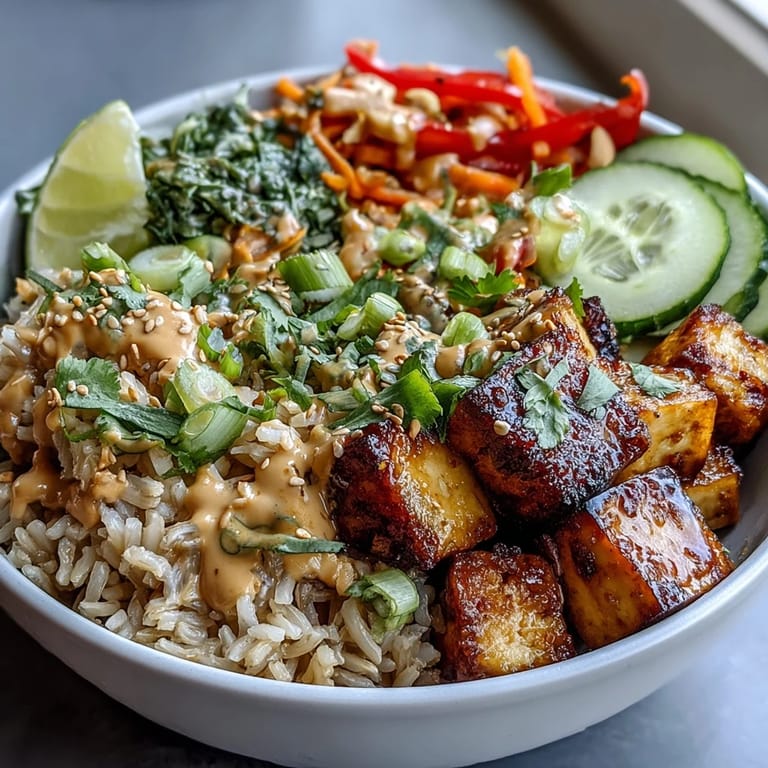 Savory peanut sauce drizzled over tender, golden crispy baked tofu and vibrant veggies.