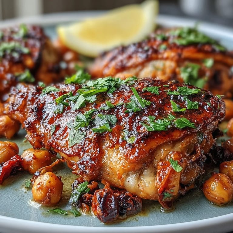 Close-up of a flavorful harissa chicken traybake, roasted to golden perfection.