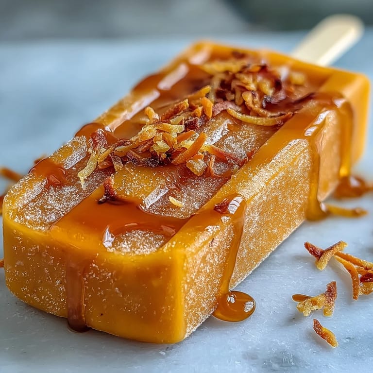 Bright orange vegan mango coconut popsicles melting slightly in the summer heat.