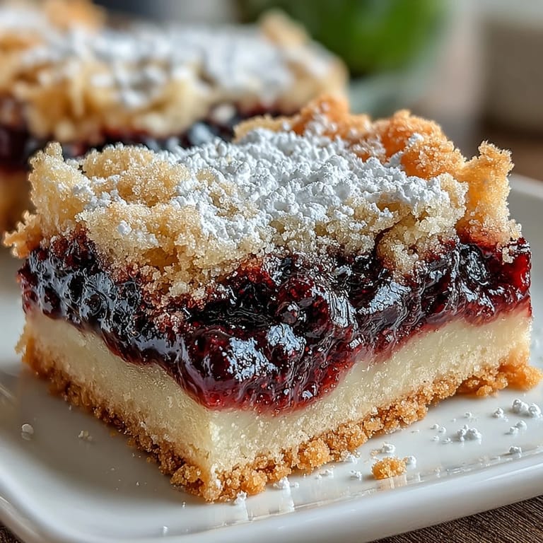 Bright, zesty lemon bars swirled with juicy blackberries on a crisp crust.