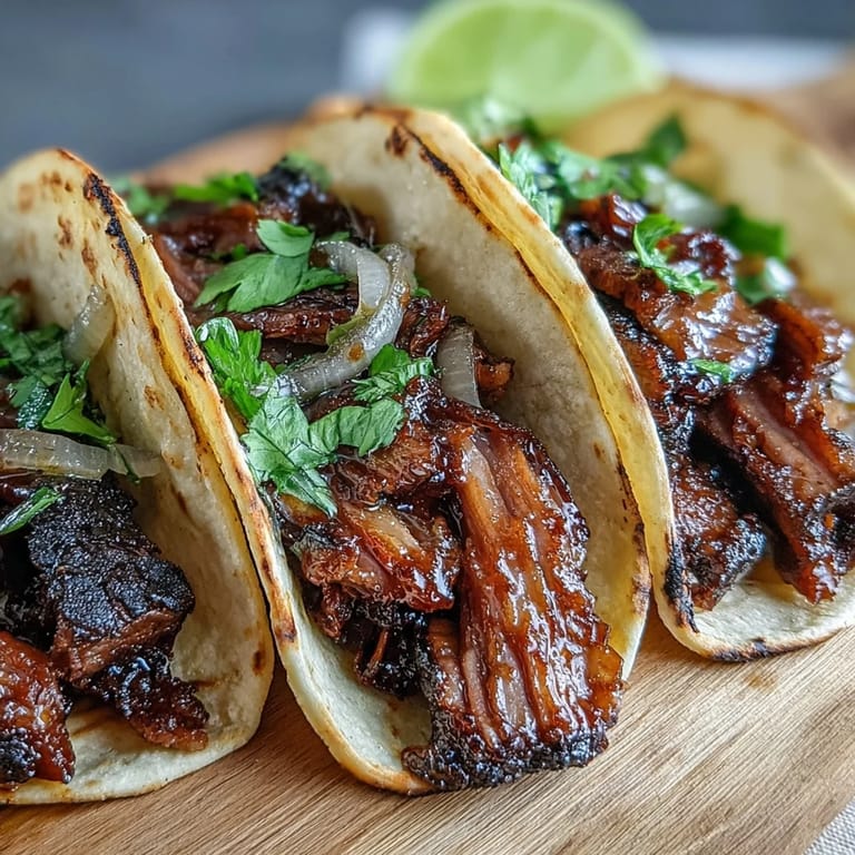 Juicy smoked brisket tacos piled high with zesty pickled red onions and fresh cilantro.