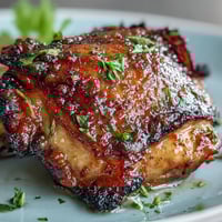 Vibrant honey mustard chicken thighs roasted with Brussels sprouts and red onion on a sheet pan, glazed and caramelized to perfection.  