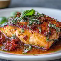 Creamy Marry Me Salmon with garlic and sun-dried tomatoes in a rich sauce.