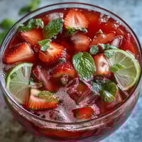A vibrant punch bowl filled with fresh strawberries, lime slices, and mint, perfect for spring celebrations and gatherings.