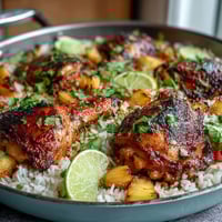 A vibrant one-pan pineapple chicken and rice bake with juicy chicken thighs, sweet pineapple, and colorful bell peppers.