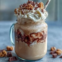 Vanilla Bean Frappuccino Overnight Oats Jar with creamy vanilla and coffee layers, topped with whipped cream and chocolate chips.