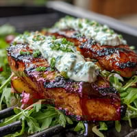Grilled peach and burrata salad with arugula, juicy peaches, and creamy cheese on a white plate.