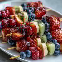 Festive Fourth of July fruit skewers with strawberries, bananas, and blueberries in patriotic red, white, and blue layers.