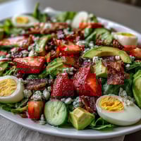 Spring Cobb Salad with Strawberries and Avocado - a colorful, fresh salad with juicy strawberries, creamy avocado, crisp veggies, and tangy feta on a bed of greens.