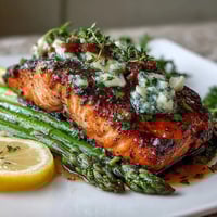Garlic Butter Salmon with Asparagus: golden pan-seared fillets in a rich garlic butter sauce, served with crisp asparagus and lemon slices for a fresh, vibrant meal.