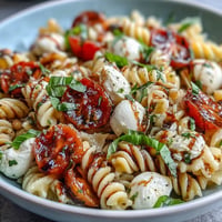 A colorful summer pasta salad with cherry tomatoes, fresh mozzarella, and fragrant basil, drizzled with balsamic glaze.