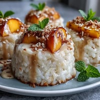 Individual cups of creamy coconut sticky rice topped with ripe mango slices, garnished with toasted sesame seeds for crunch.